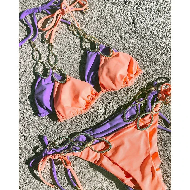 Metal Chains Rhinestones Diamond Bikini Women Swimsuit Female Swimwear Two Pieces Bikini Set Brazilian Bather Bathing Suit Swim