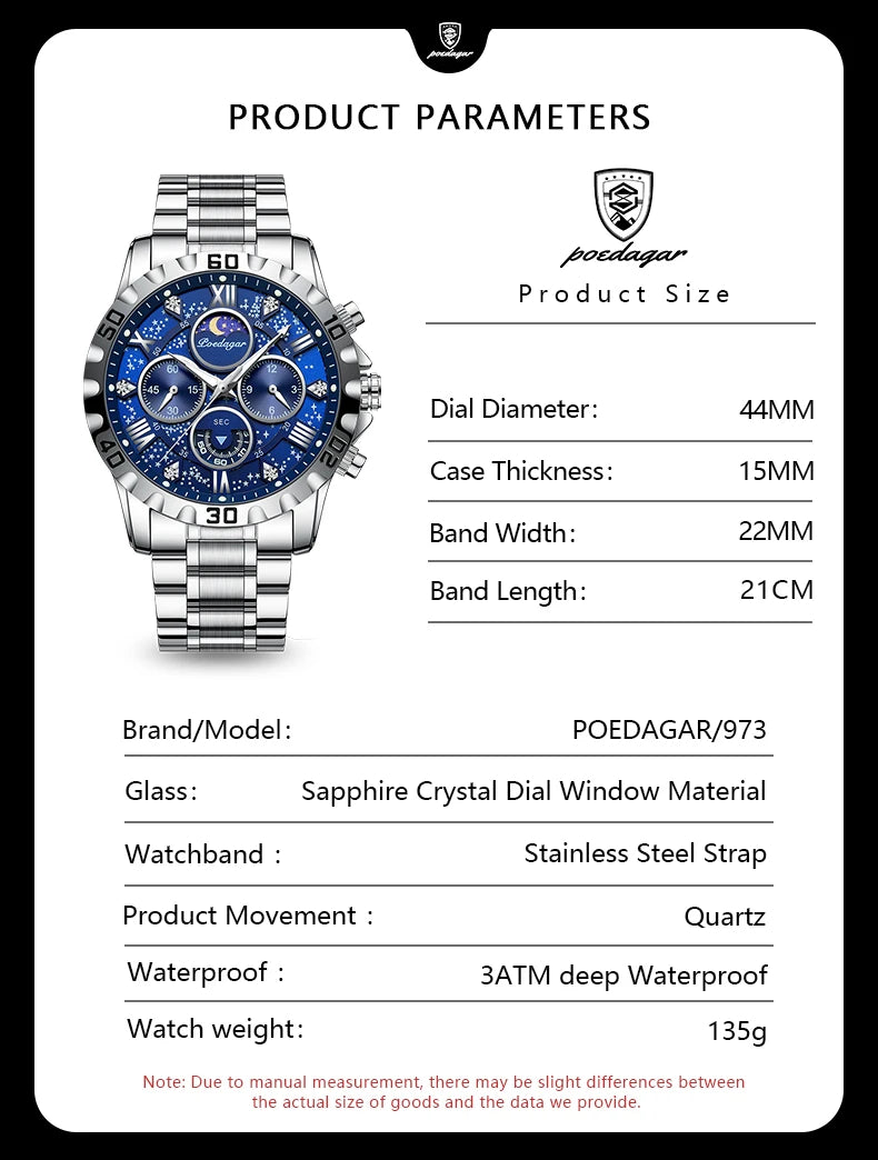 POEDAGAR Luxury Fashion Man Watch Waterproof Luminous Chronograph Men Watch Stainless Steel Sports Military Quartz Men's Watches