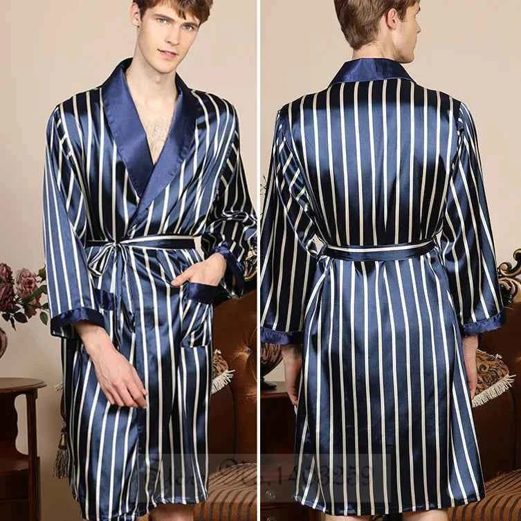 Plus Size 3XL 4XL 5XL Men Robe Sleepwear Navy Blue Stripe Kimono Bathrobe Gown with Pocket Summer Satin Home Clothes Lounge Wear