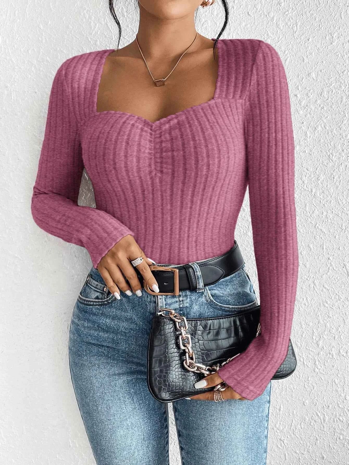 Women's Fashion Diamond Collar Knitted Base Shirt Casual Long Sleeve Top Knitwear Trendy Elegant Style