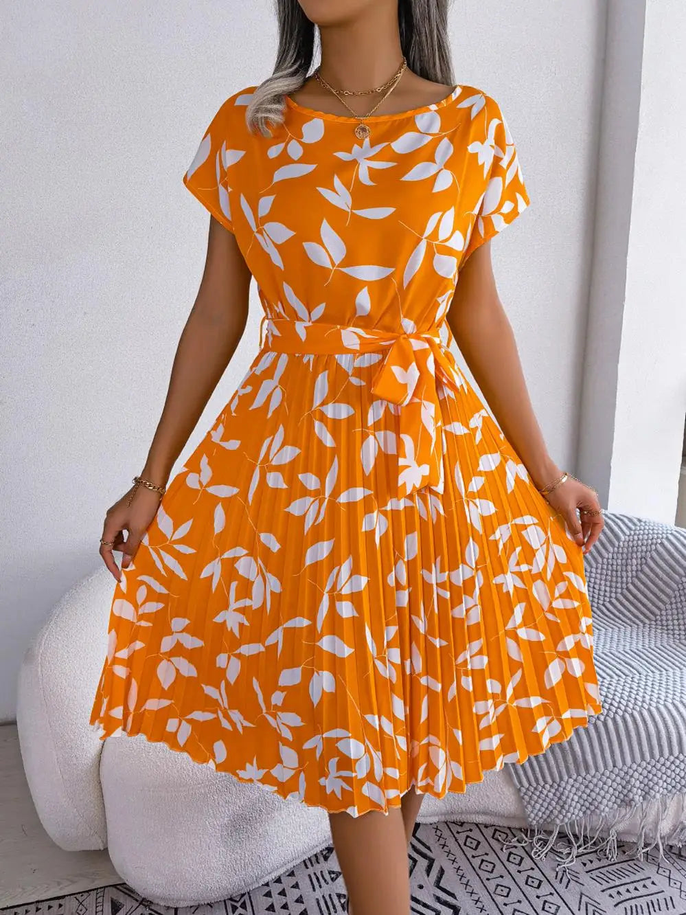 Ficusrong Fashion Floral Pleated A Line Long Dress Women Spring Summer Short Sleeve High Waist Chic Dress