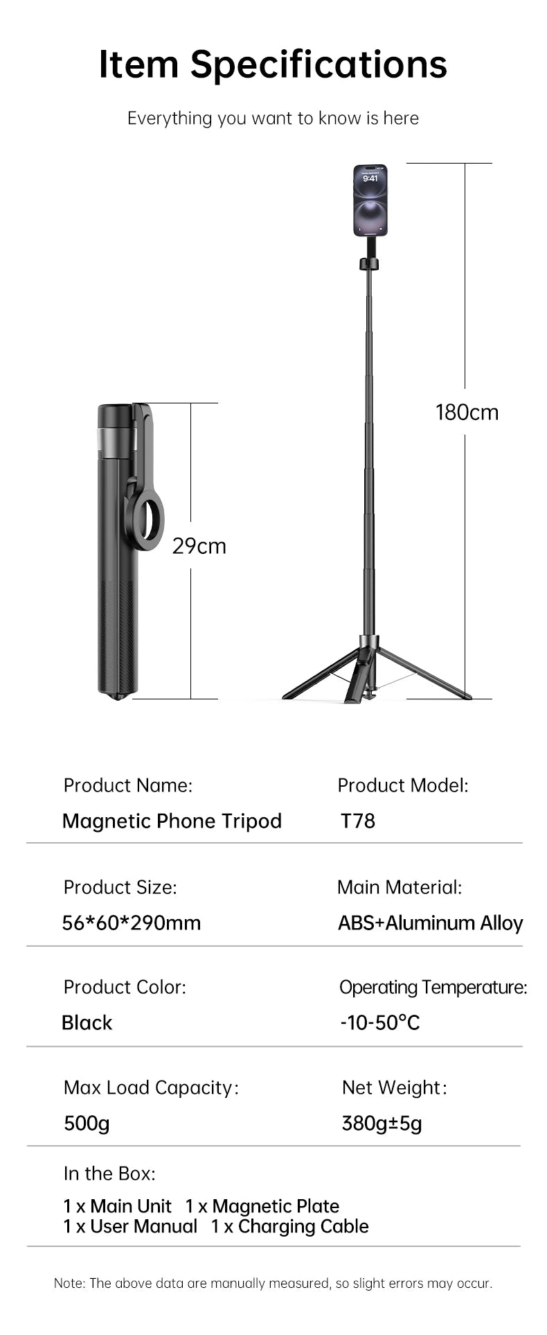 1.8m Extendable Double-sided Magnetic Phone Selfie Stick with Remote Auto-Open Tripod for iPhone 17/16/15 Live Streaming Vlog