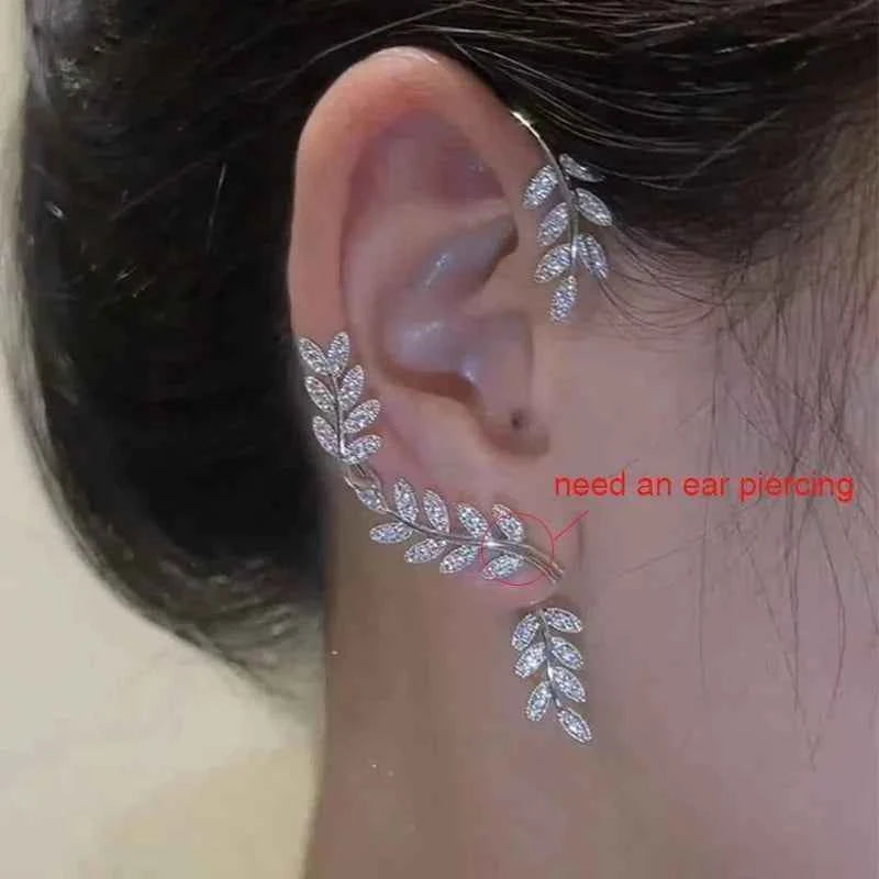 Silver Plated Metal Leaf Butterfly Clip Earrings for Women Ear Clips Without Piercing Sparkling Zircon Ear Cuff Fashion Jewelry