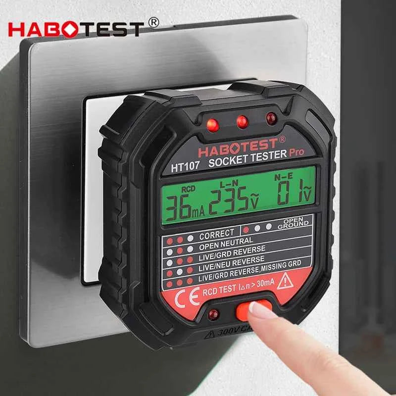 HT107 Outlet Socket Tester Digital Plug AC Voltage Detect 30mA RCD Test Polarity Phase Check Circuit Checker Bicolor Backlight