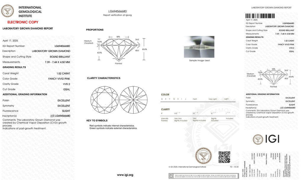 1.52 CARAT CVD Lab Grown Round Brilliant Cut Diamond IGI Certificate Fancy Vivid Pink Color VVS2 Clarity 7.39 MM - 7.44 MM