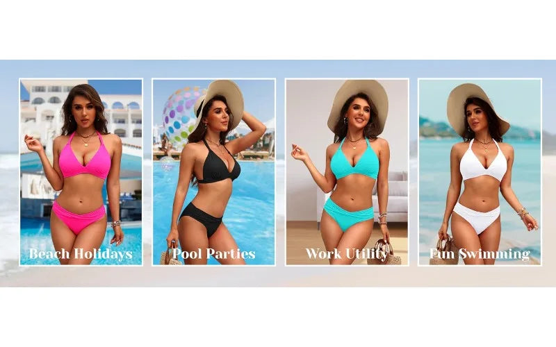 Women 2 Piece Bathing Suit Bikini Push Up Vintage Sexy Split Halter Swimsuit High Waist Bikini Vacation Pool Party Swimwear 2025