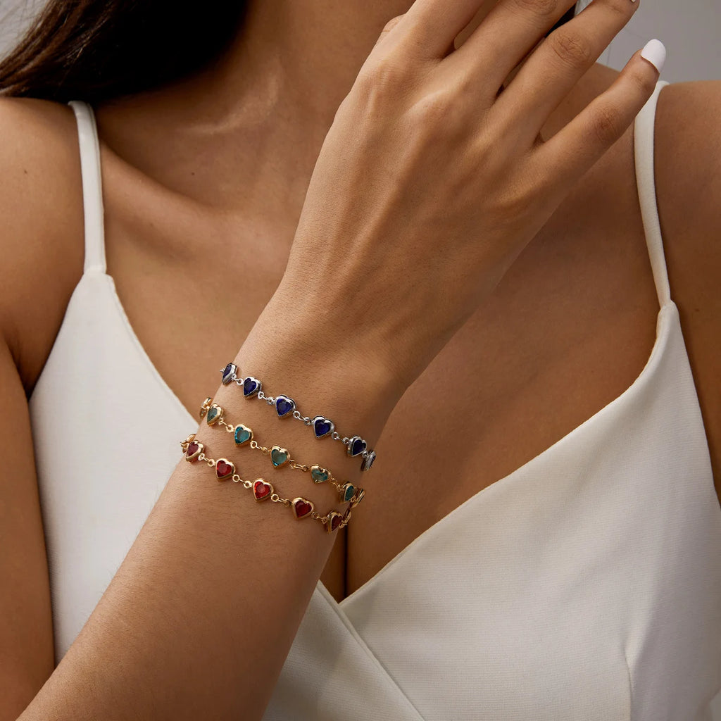 Elegant Red Crystal Zircon Metal Chain Bracelets for Women Colorful Heart Bracelets Party Wedding Wrist Charms Jewelry Gift