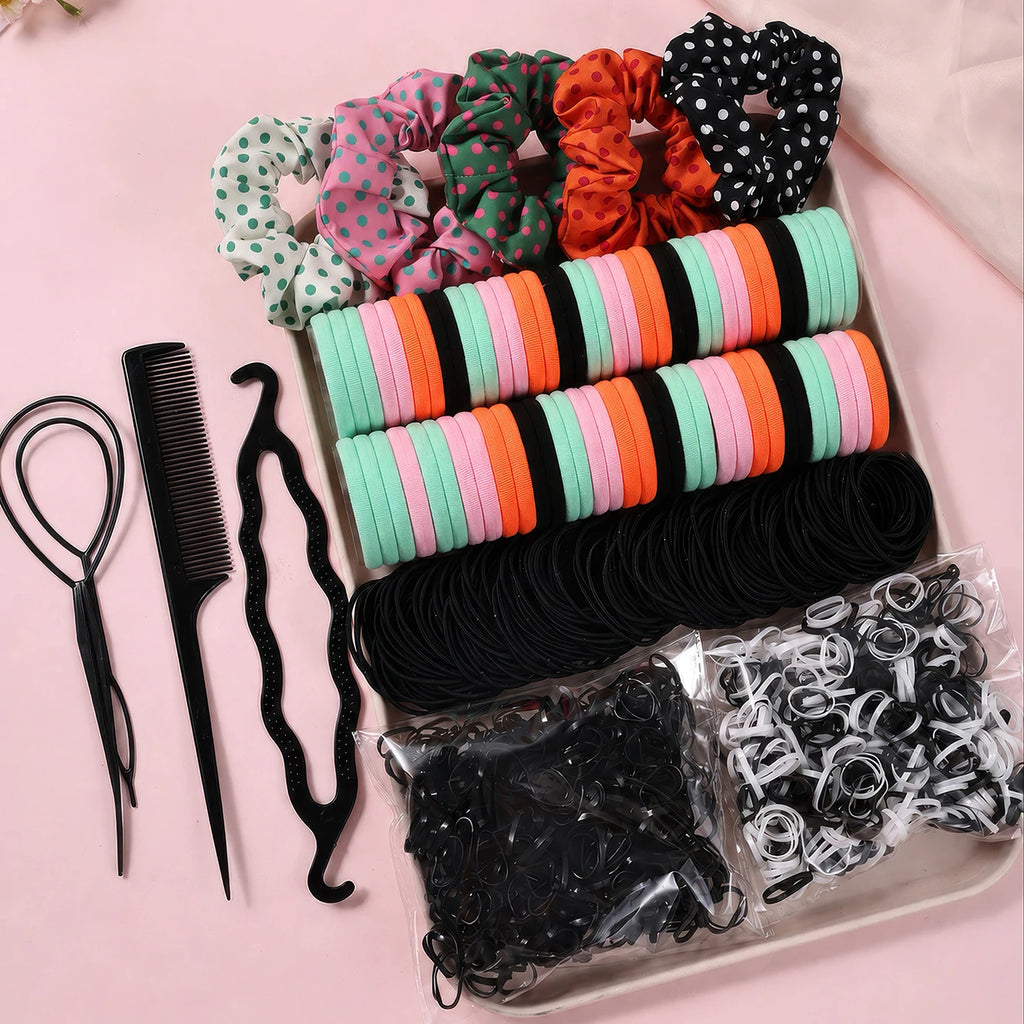 1109pcs Women Dark Hair Accessories Set Elastic Seamless Ponytail Scrunchies Small Rubber Bands Fashion Hair Ties Headbands