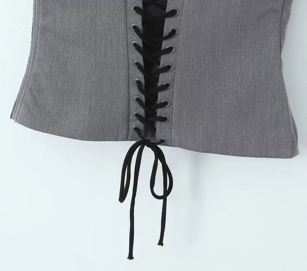 YENKYE Y2K Women Lace Up Bandage Back Gray Crop Top Short Sleeve Square Neck Ladies Sexy Chic Tops