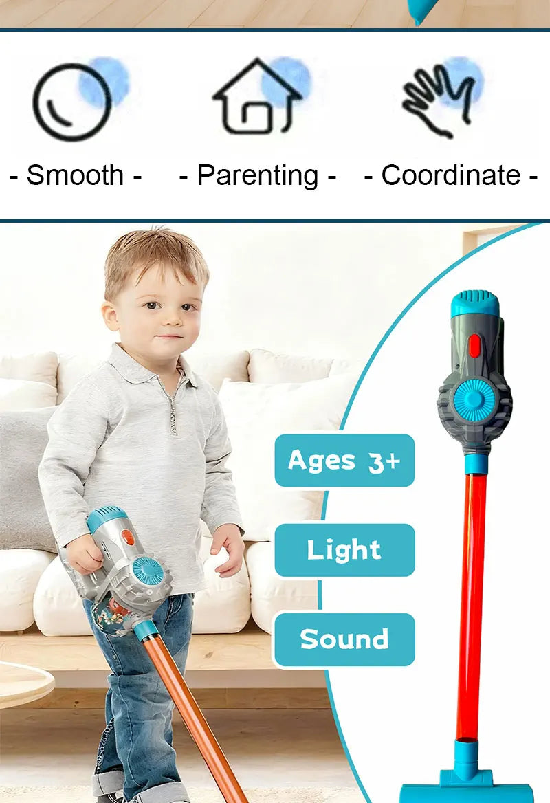 Kids 3-in-1 Toy Vacuum Cleaner – Light & Sound Stick/Handheld, Detachable Debris Bin, Cyclone Beads, 2 Attachments, Role-Play Ho