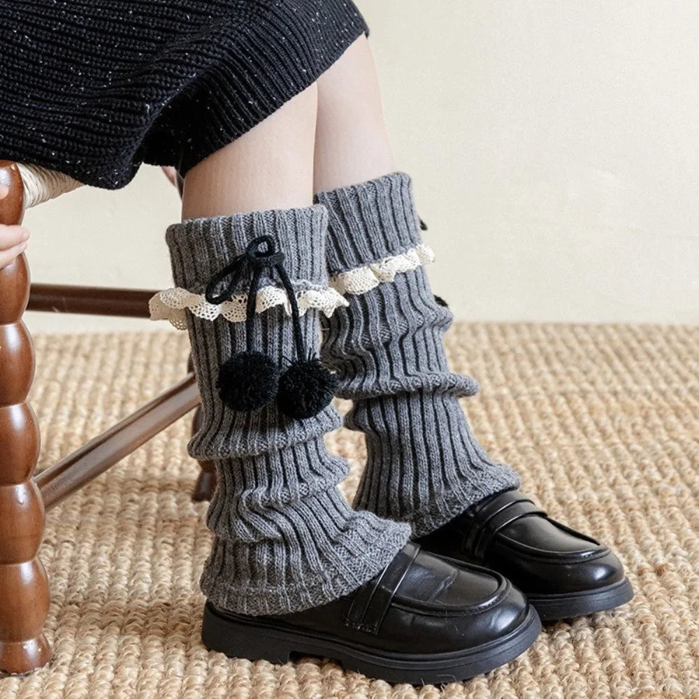 New Solid Color Leg Warmers Thickened Lolita Mid-Calf Sock Knitted Bow Pompom Hosiery Autumn and Winter