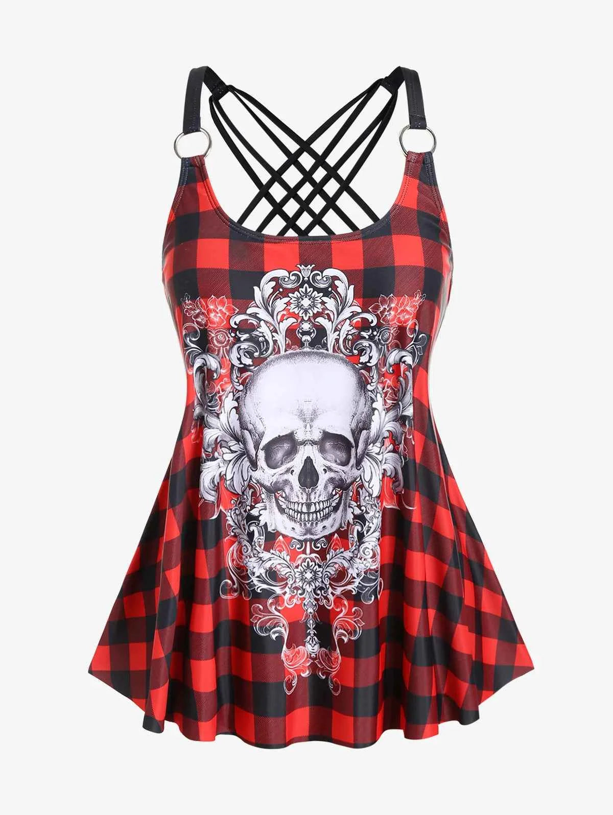 Rosegal Womens Tankini Swimsuit Set Plus Size Modest Skull Plaid Rings Crisscross Boyshorts Swimmwear