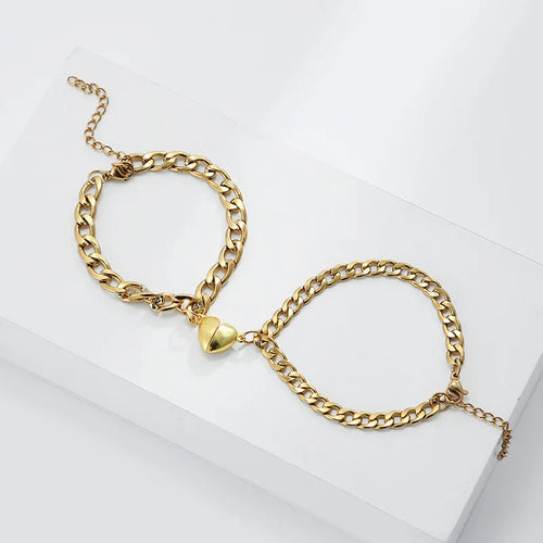 2 Pcs/set Bracelets Couple Magnétiques Attraction Cœur Bracelet Acier Inoxydable Breloque Simples Chaînes Cubaines Clé Serrure Bijoux Cadeaux