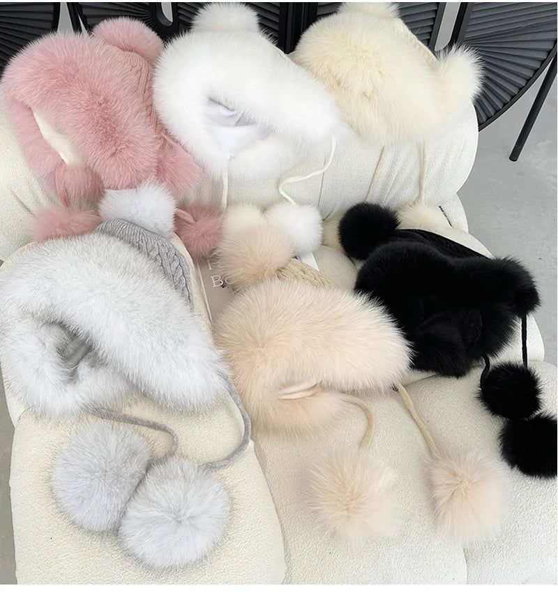 Winter Women Real Fox Fur Hat Fashion Casual Outdoor Warm Knitted Hats Girl Lovely 100% Natural Fox Fur Ear cap bomber caps