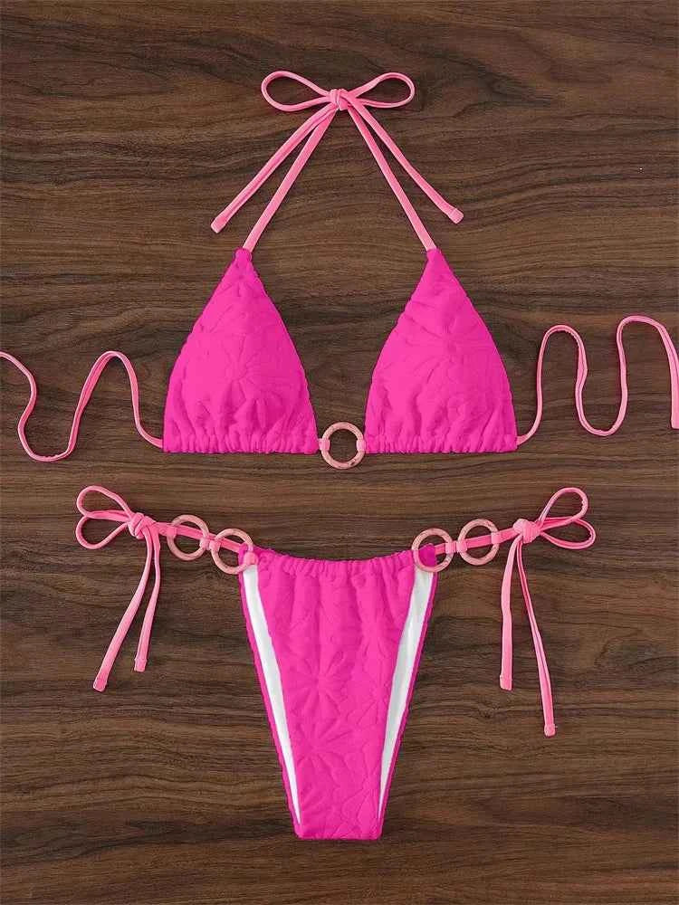 Sexy Triangle Bikini Women White Contrast Ring Linked Criss Cross Micro Swimsuit 2024 Beach Bathing Suit Tie Side Thong Swimwear