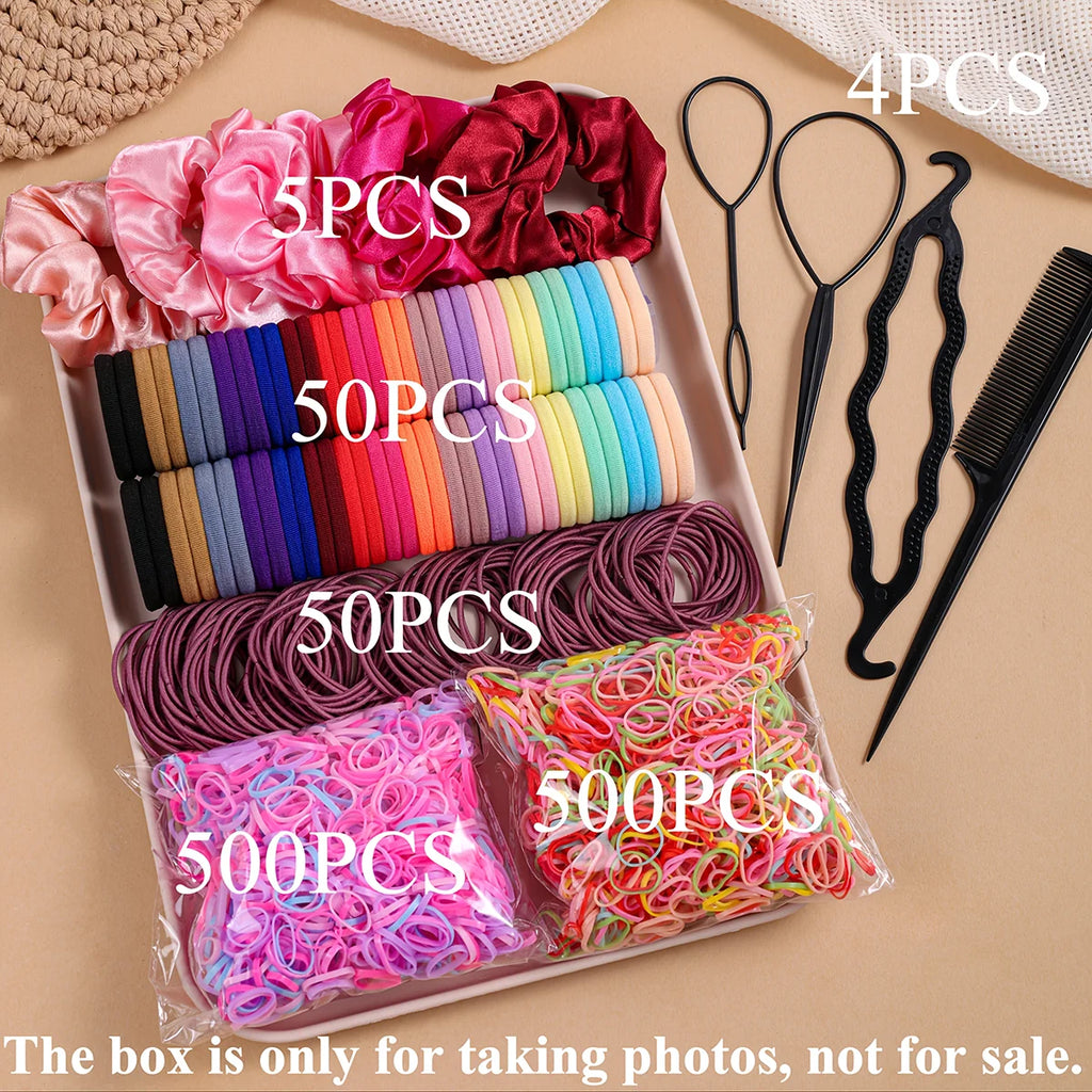 1109pcs Women Dark Hair Accessories Set Elastic Seamless Ponytail Scrunchies Small Rubber Bands Fashion Hair Ties Headbands