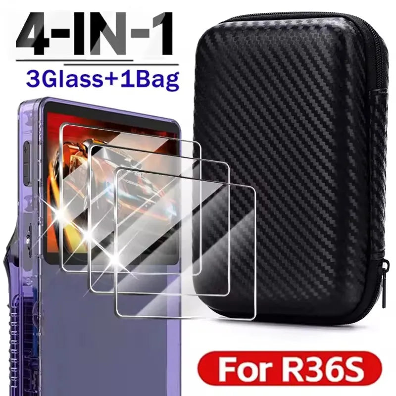 3 IN 1 Carrying Storage Case with Tempered Glass Screen Protectors for R36S Game Console Protectors Kit Anti-Scratch Bag & Films