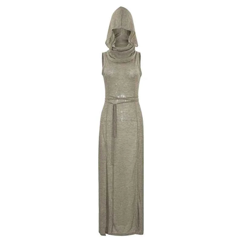 Summer 2023 Sexy European And American Style Sleeveless Hooded Dress Long Split Hollow out Pure Color Women's Gown