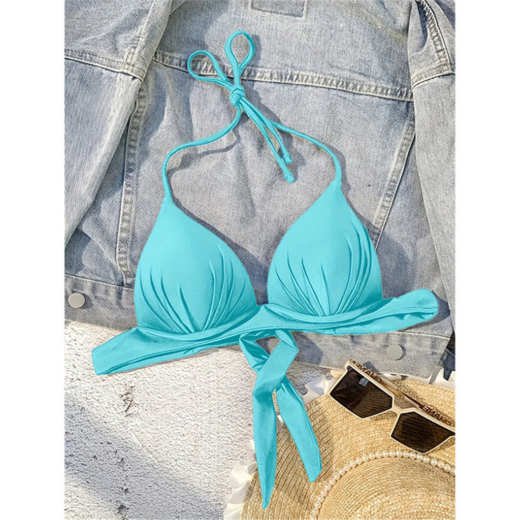 XS - XL New Sexy Push Up Bra Cup Halter Bikini Top Female Swimsuit Women Swimwear Bather Bathing Suit Swim Solid Beach Top V7019