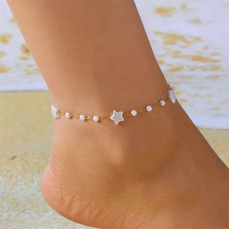 Minimalist Star Heart Anklet for Women Charm Simple Imitation Pearl Link Chain On Barefoot Bracelet Handmade Jewelry Gift