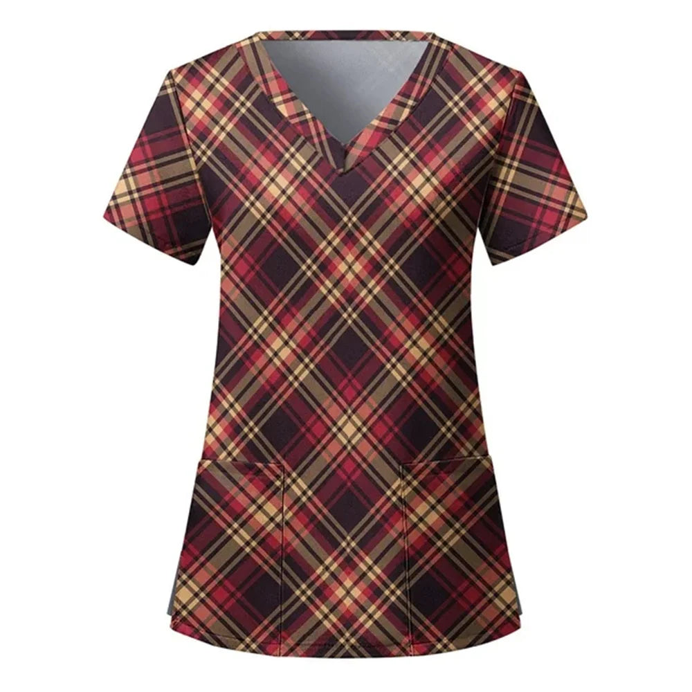 Womens Christmas Nurse T Shirt Print Short Sleeve V Neck Workwear With Pocket Working Nurse Work Wear Overalls Medical Uniforms