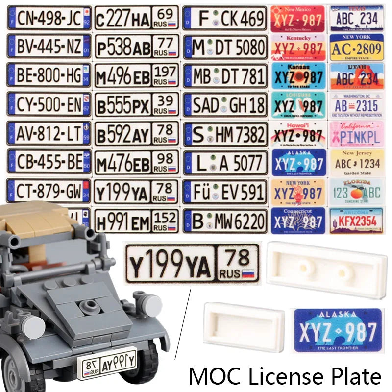 MOC City Car License Plate Printed Building Blocks Kit US Russian French German Vehicle Accessories Parts Compatible Bricks Toys