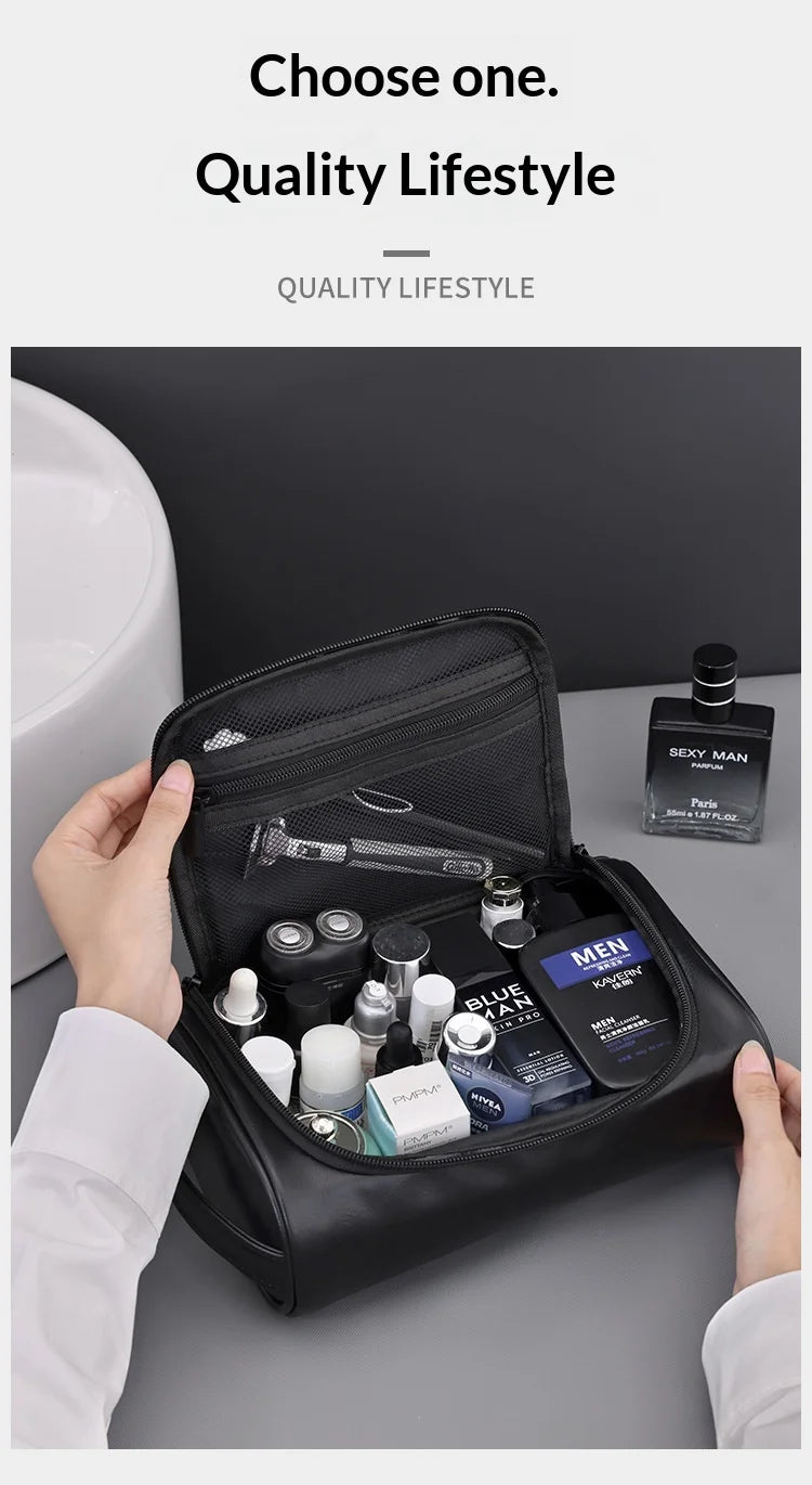 Large Capacity Men Leather Wash Bag Travel Business Trips Portable Cosmetic Bag Multi Pocket Design Handheld Leather Wash Bag LI