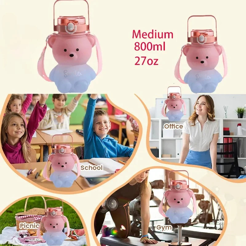 Bear Water Bottle 800ml Cute Kawaii Teddy Bear Water Bottle with Straw & Strap Leak-Proof Drinking Cup Gift for Kids & Girls