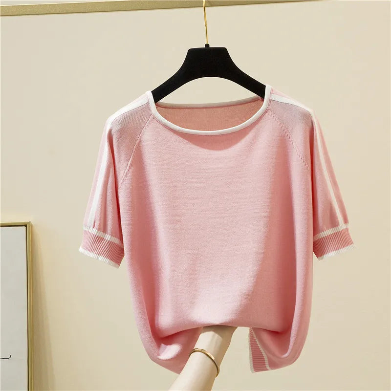 Camisetas Thin Knitted T Shirt Women Short Sleeve Summer Tops Casual Clothes Striped Fashion T-Shirt Tee Shirt Blusas 18841
