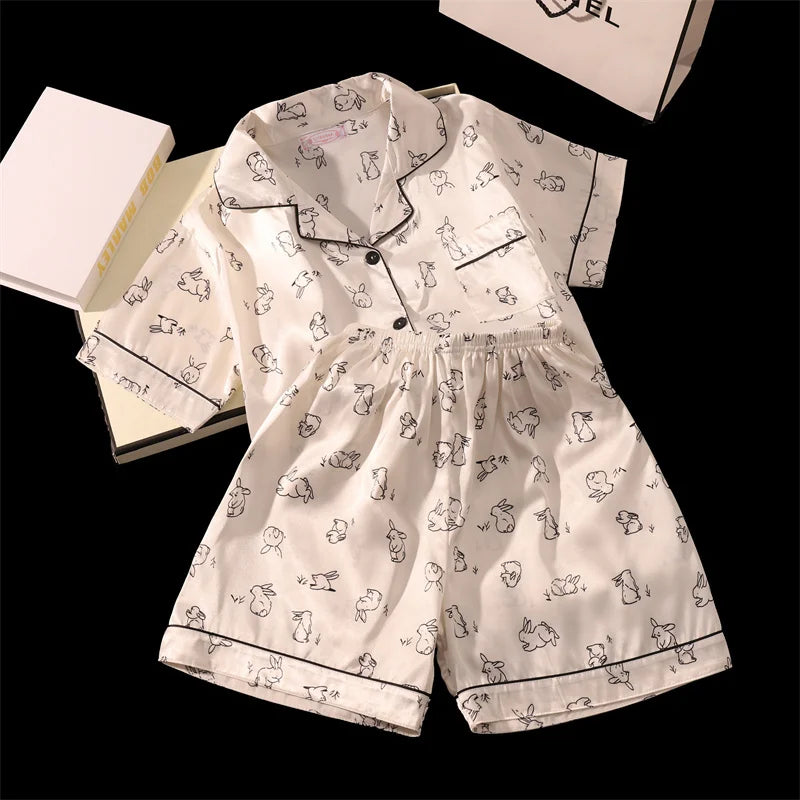Rabbit Print Sleepwear Women Pajama Sets Korean Style Summer Piiama 2 Pieces Night Wears for Sleeping Student Cute Home Suit