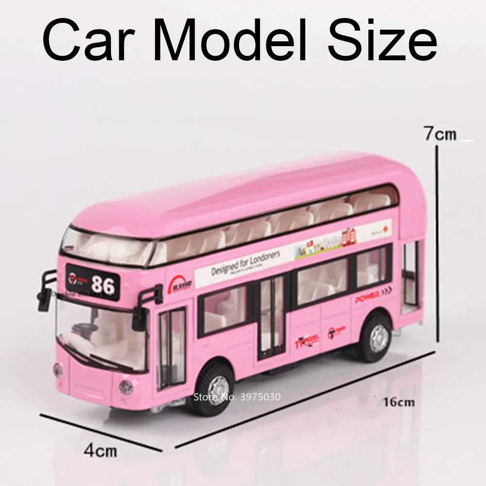 1/36 Scale Double Decker Bus Toy Car Model Alloy Diecast Sound Light Pull Back Doors Opened Vehicles Collectibles Birthday Gift