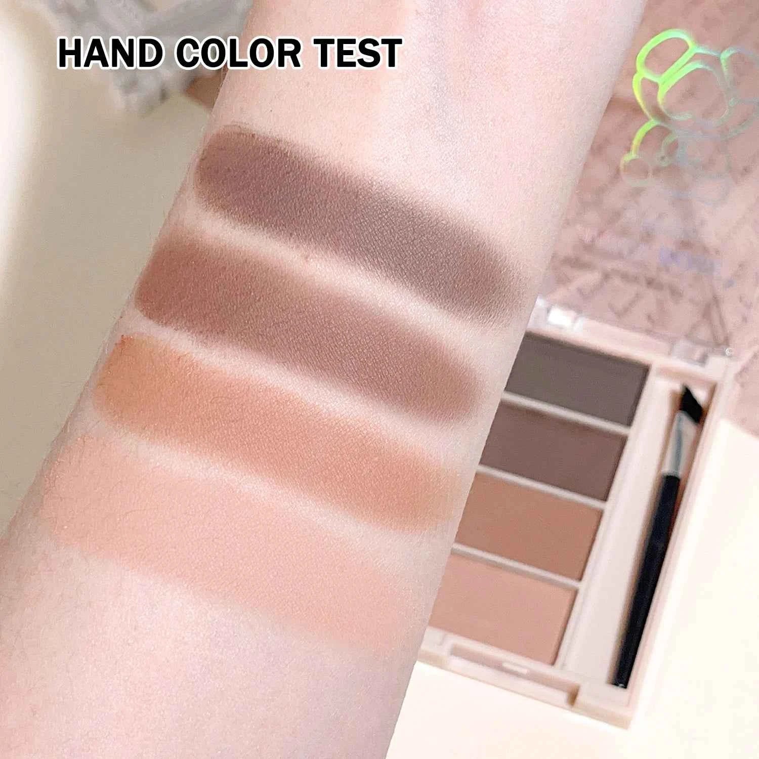 A set of 4-color eyebrow powder trays with brushes in gray and brown matte tones for long-lasting color rendering, filling and s