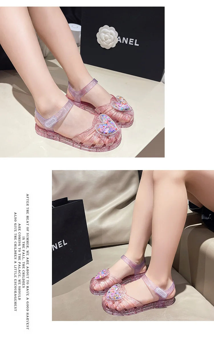 2026Kids' Sandals Ourdoor Crystal Jelly Shoes PVC Love Baby Fashion Flat For Girls Breathable Anti-slip Purple Sliver Size 24-35