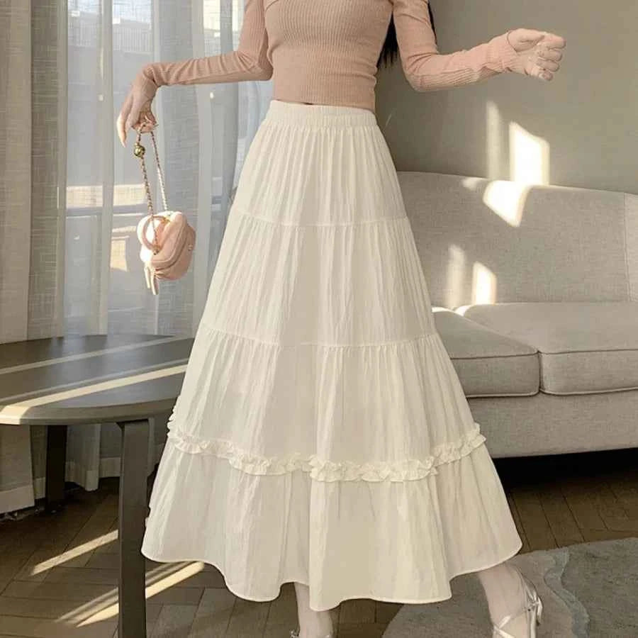 Matching Chic lady's white skirt sweet girls cake skirt elastic waist a line mid length flare skirt