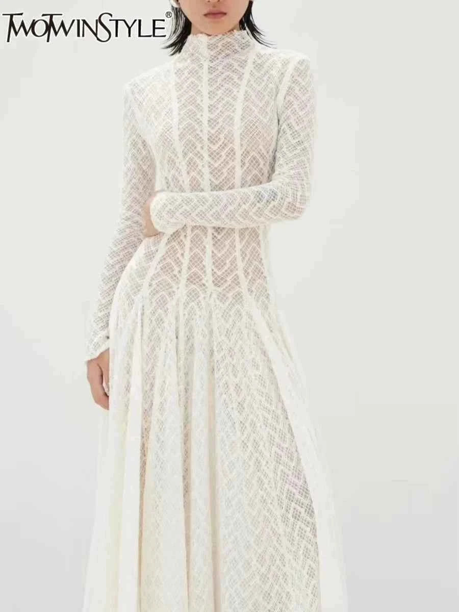 TWOTWINSTYLE Solid Slimming Spliced Ruffles Dresses for Women Round Neck Long Sleeves Patchwork Hollow Out Dress Female Clothing