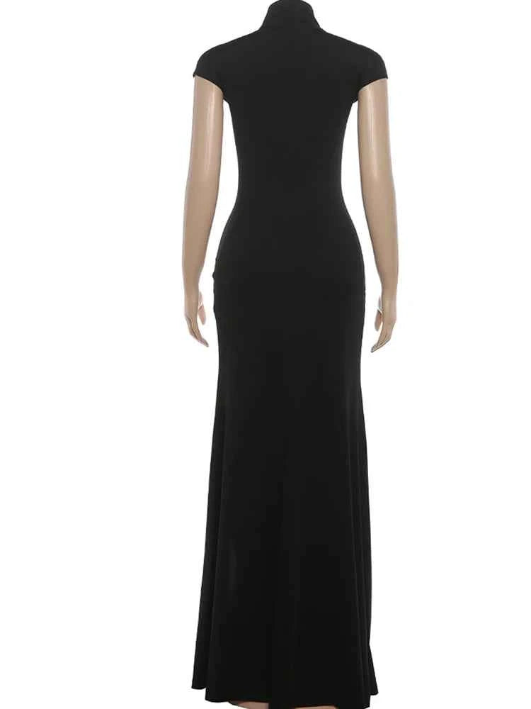 Kliou Sexy High Splits Solid Long Dress Woman Half High Collar Short Sleeve Hollow Design Midnight Club Party Elegant Vestidos