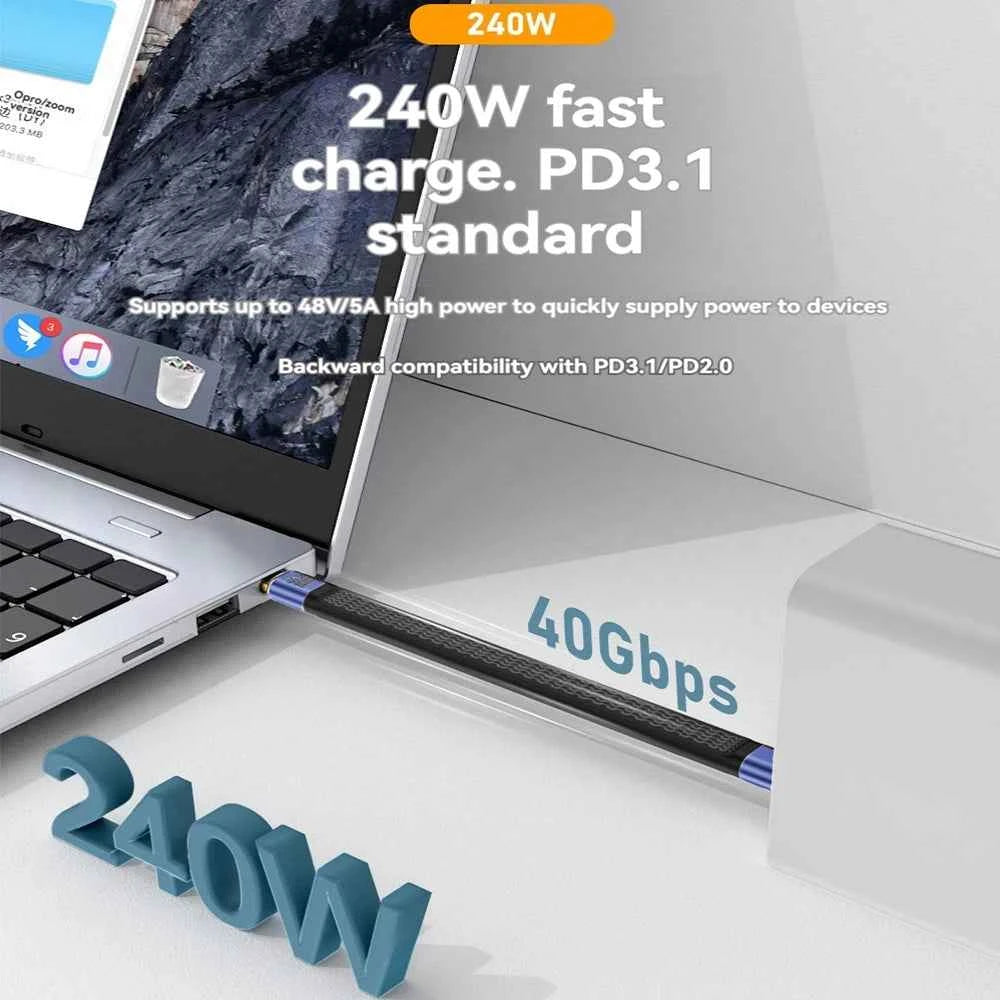 USB4 Short Cable 40Gbps Data Transfer 240W PD Fast Charging Thunderbolt 4/3 Interface Flat USB-C Cord for Laptop Phone Tablet