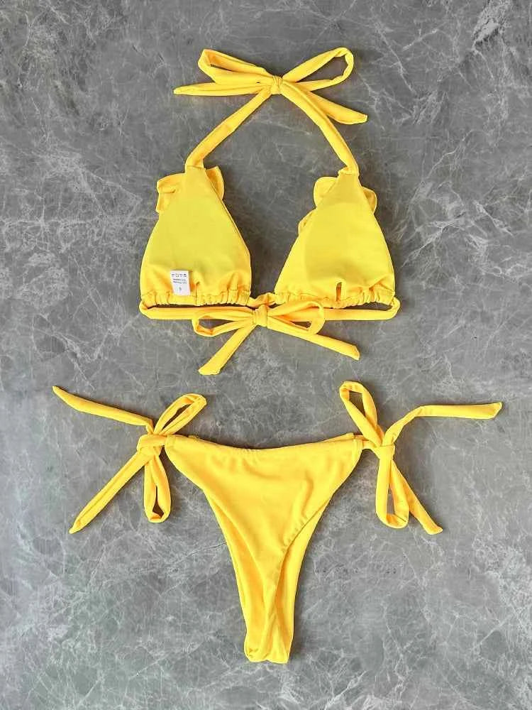 2024 New Sexy Low Waisted Bikini Set Swimsuit Swimwear Women Strappy Ruffle Solid Halter Beachwear Bathing Suits Women's biquini