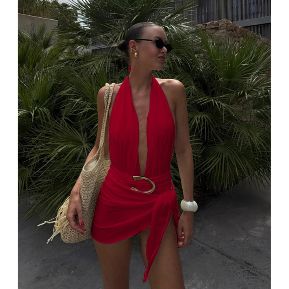 Two Pieces Micro Bikini 2026 Sexy Swimsuit Women Halter Swimwear Biquini Female Solid Bodysuit Bathing Suits Sarong Mini Skirt