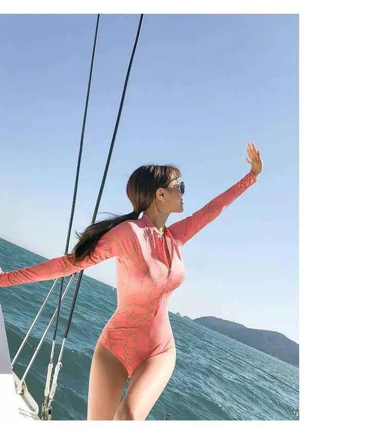 Style Diving Sun Protection Long-sleeved One-piece Ins Slimming Belly-covering Conservative Swimsuit for Women Jellyfish Suit