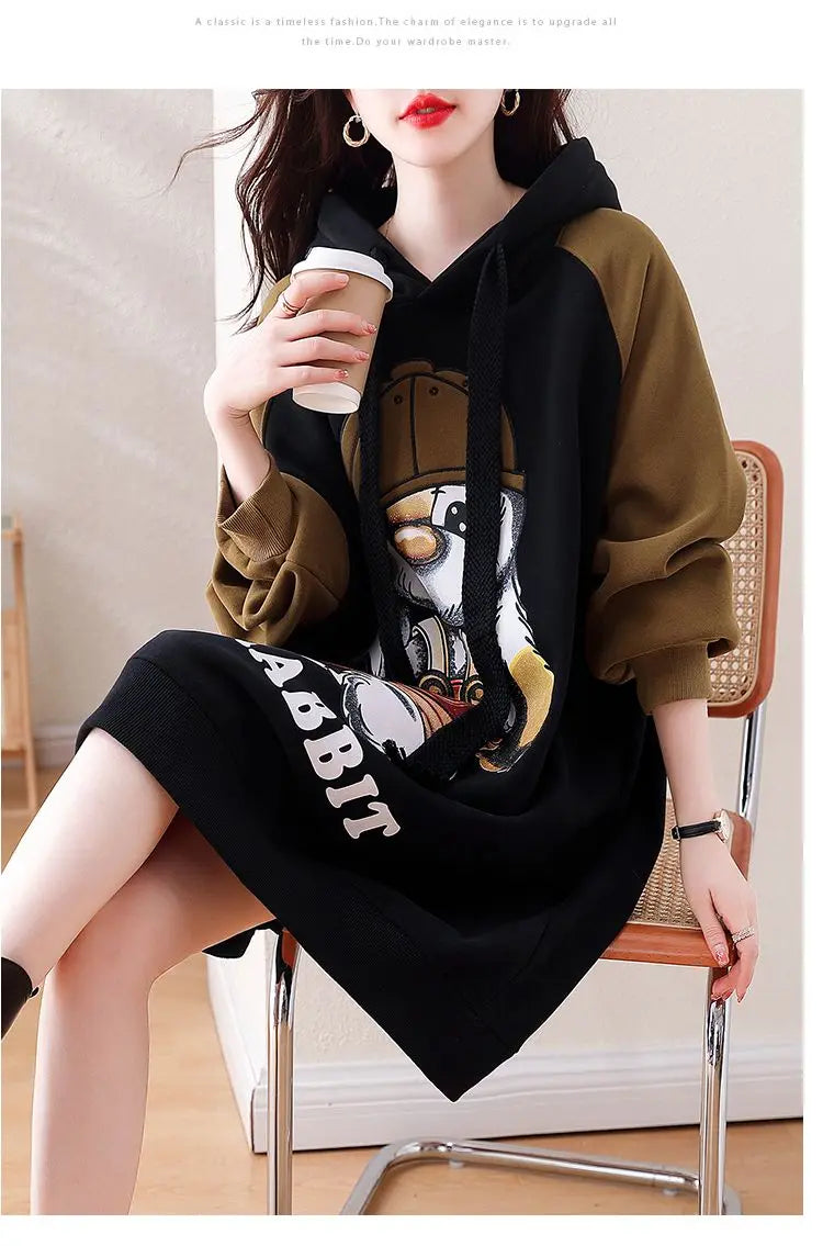 Winter Women Clothing Oversized Cartoon Fleece Dress New Hooded Drawstring Thicken Warm Female Casual Midi Long Sleeve Dresses