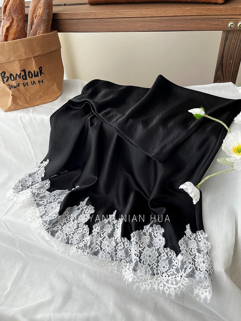 Beiyingni French Elegant Satin Mermaid Skirt Women Spring Summer Lace Patchwork Pack Hip Long A-line Skirts Office Ladies Faldas