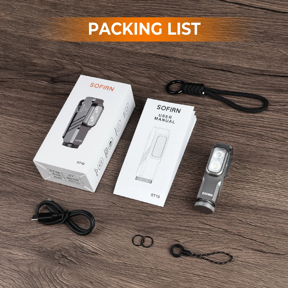 SOFIRN ST10 1000lm Mini Clamp Flashlight 144m 7000K LED Light 14500 USB C Rechargeable White&Red Lamp IPX6 with Magnetic Tailcap