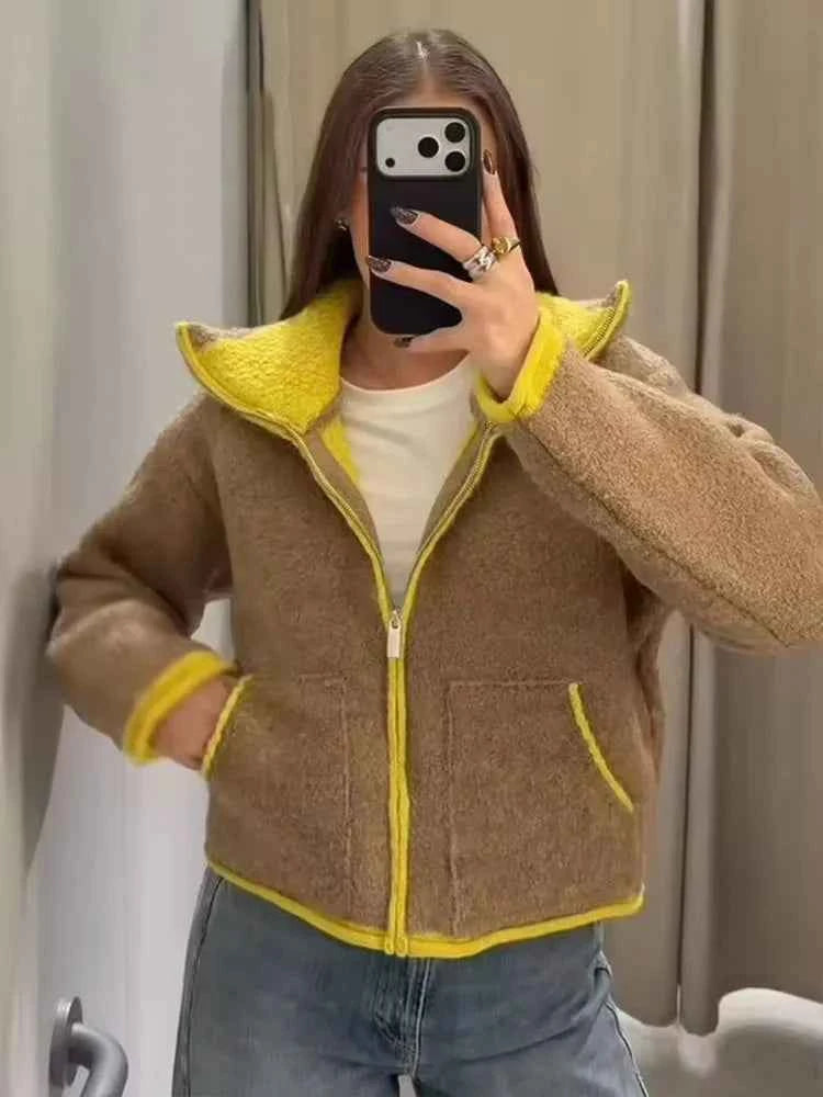 2026 Autumn Casual Jacket Coat Fashion Contrast Color Design Long Sleeve Zipper Jackets For Women Streetwear Casual Outerwear ﻿