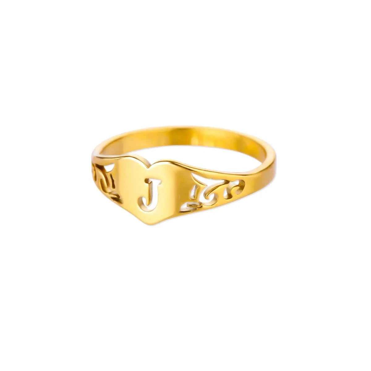 Fashion Hollow Initial Letter Heart Rings For Women Gold Color Stainless Steel A-Z Letter Ring Aesthetic Wedding Jewelry Gift