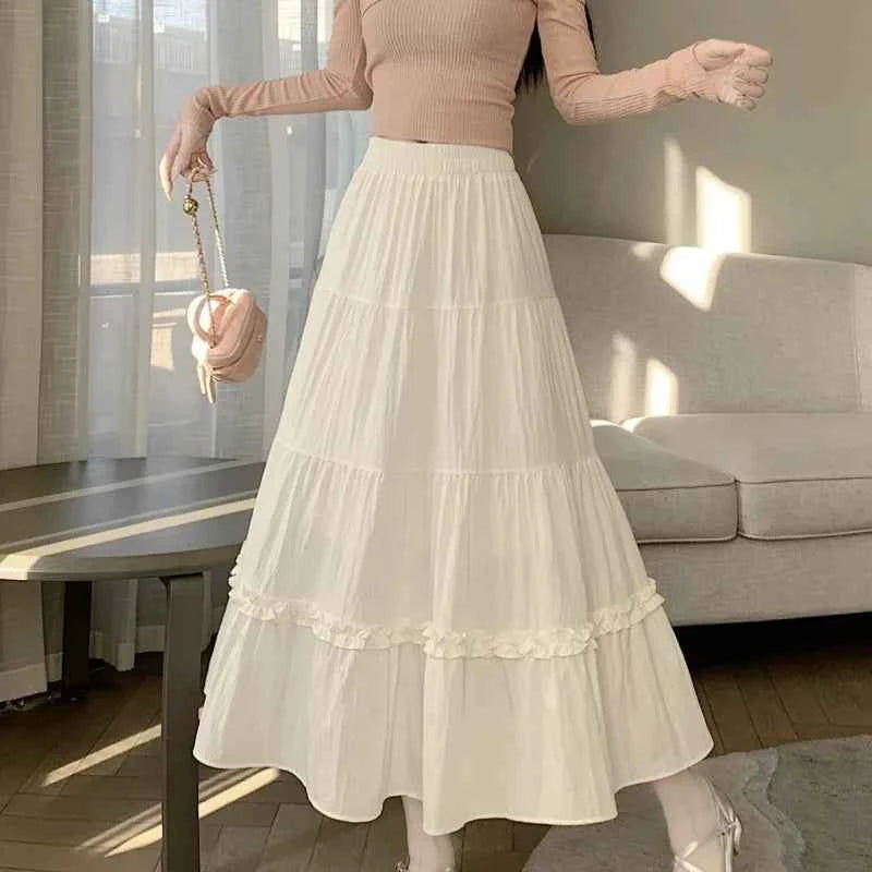 Matching Chic lady's white skirt sweet girls cake skirt elastic waist a line mid length flare skirt