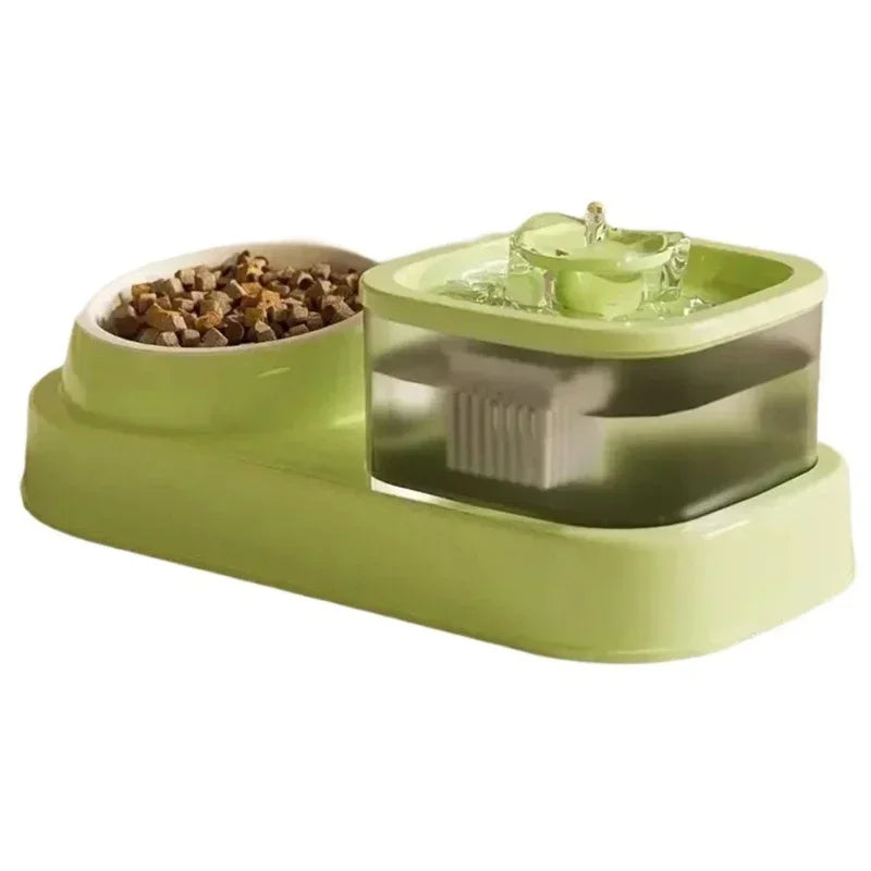 Green Color Cat Water Fountain Bowl with Food Dish – 2-in-1 Feeder