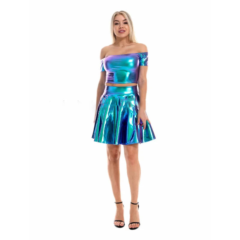 Women Summer Sexy Laser Skirts Mini PU Leather Club Party Dance Shiny Holographic Skirts Harajuku JK Metallic Pleated Skirts