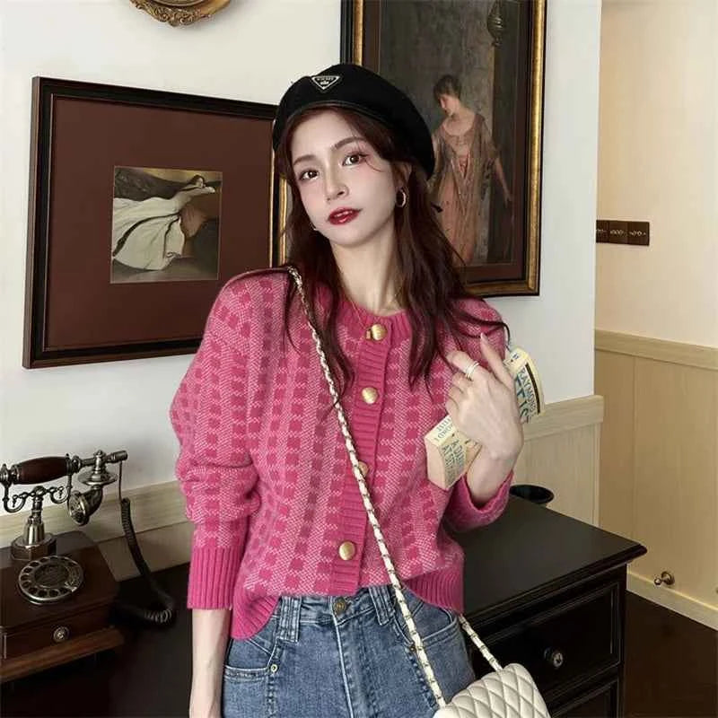 Y2k Pink Women Cardigan Korean Sweet Plaid Long Sleeve Female Sweaters Harajuku New O Neck Preppy Style Ladies Tops