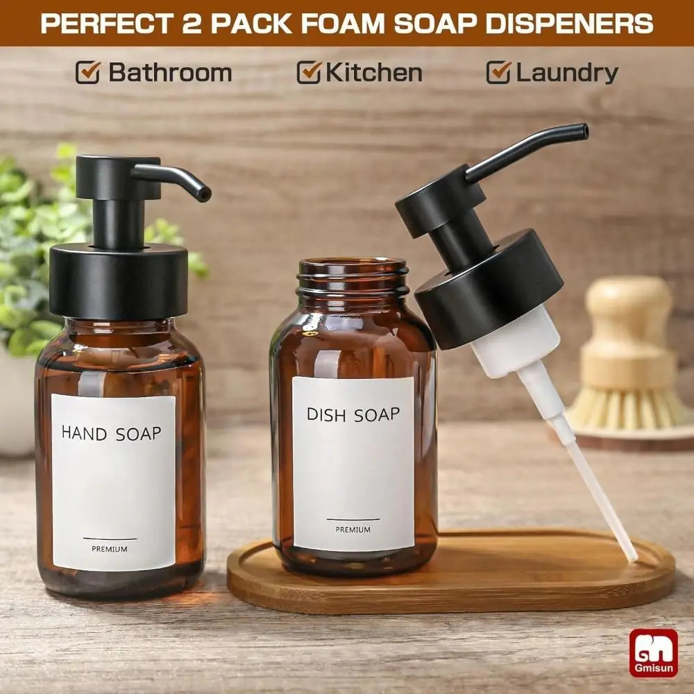 Thick Glass Foaming Soap Dispenser Anti-slip Round Refillable Hand Pump Bottle Amber Durable Brown Glass Jar Kitchen